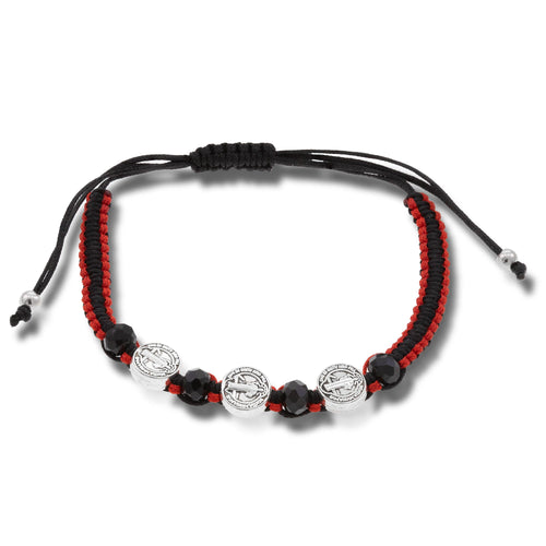 Pulsera de hilo ajustable medalla de san benito y cristales 9mm