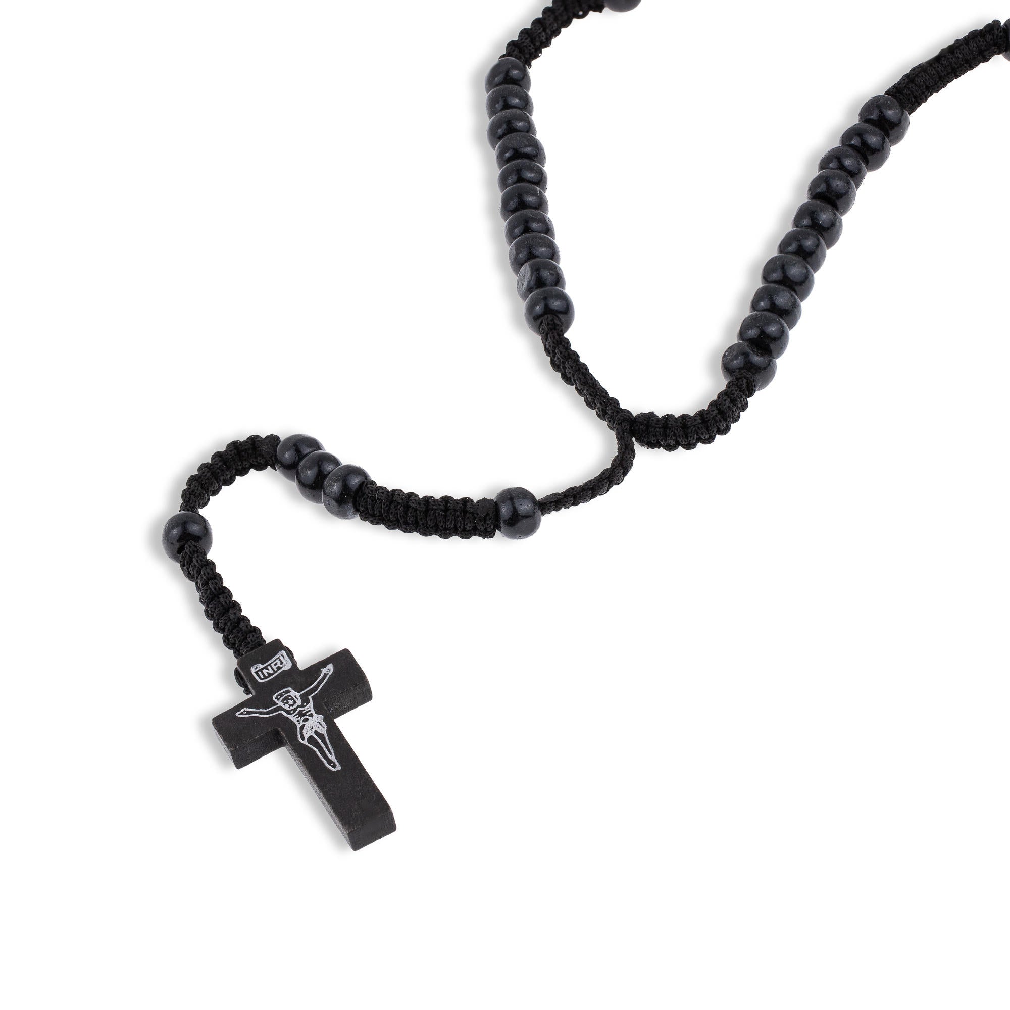 Rosario de hilo con cuentas de madera Crucifijo colgante 60cm