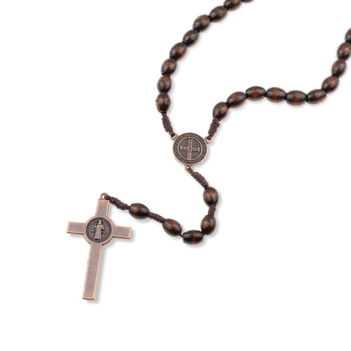 Rosario de madera cuentas ovaladas y medalla san benito 60cm