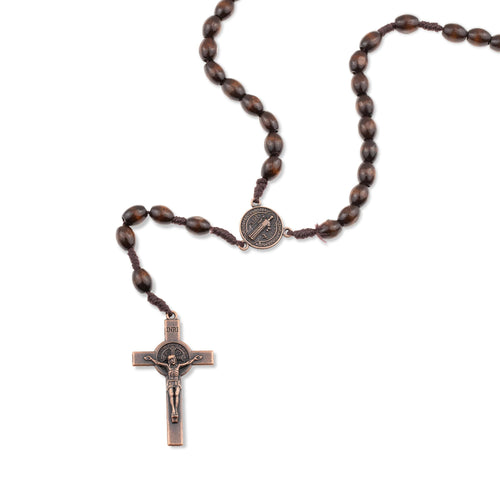 Rosario de madera cuentas ovaladas y medalla san benito 60cm