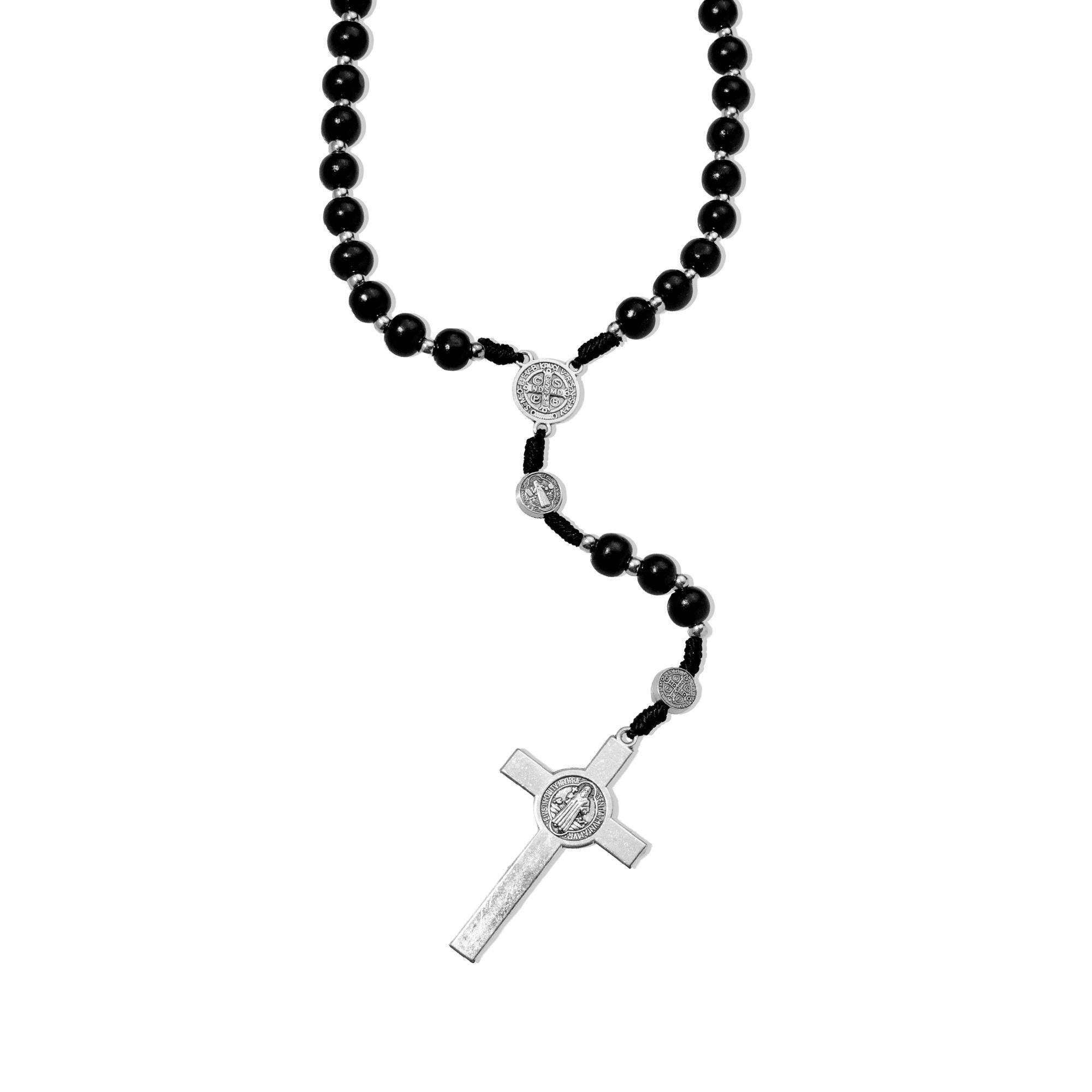 Rosario de metal con cuentas de madera y San Benito 60cm