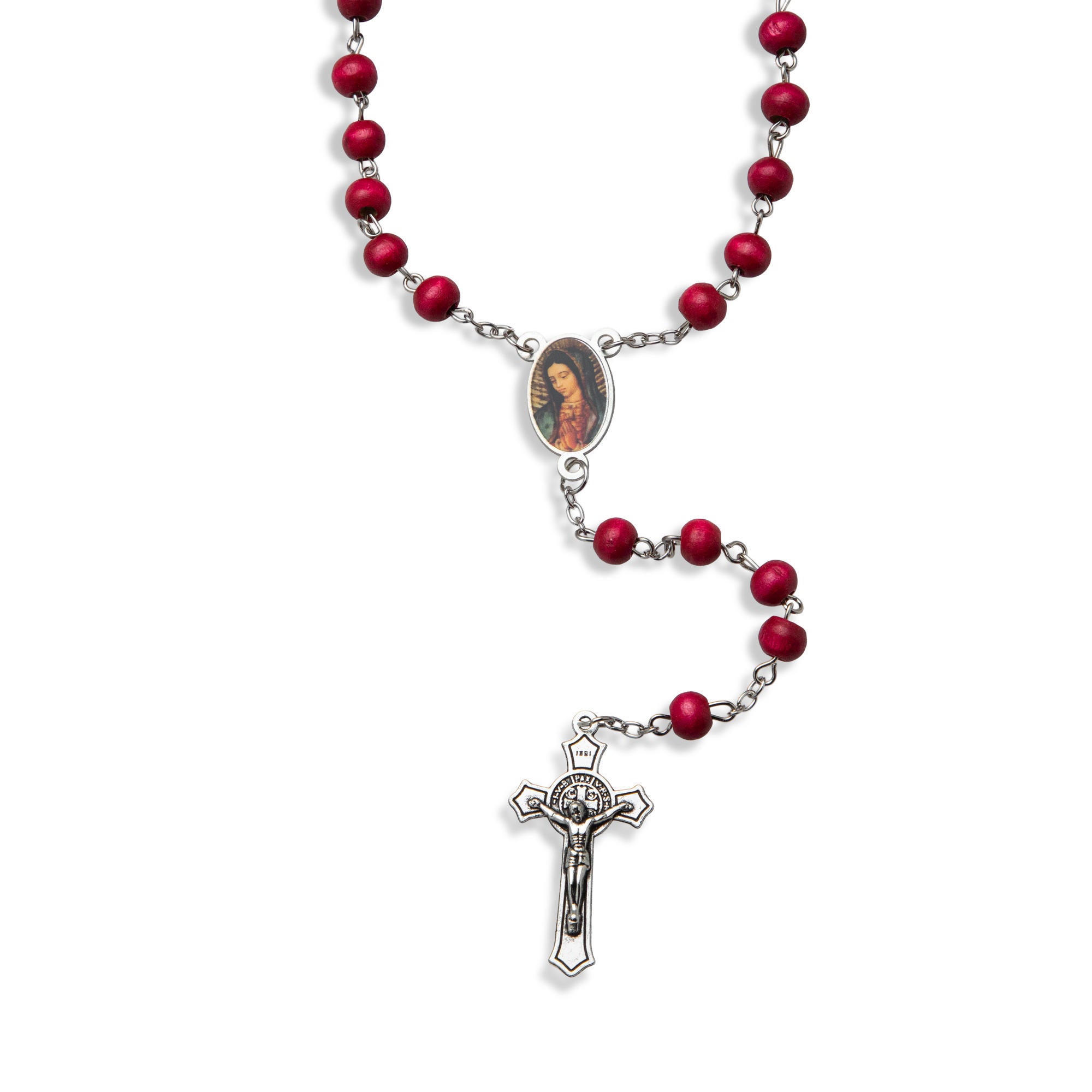 Rosario cuentas madera Virgen de Guadalupe Crucifijo colgante 67cm