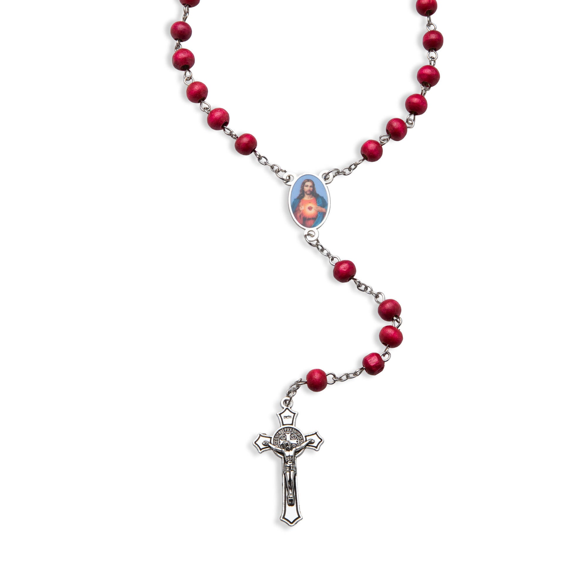 Rosario cuentas madera Sagrado Corazon Crucifijo colgante 67cm