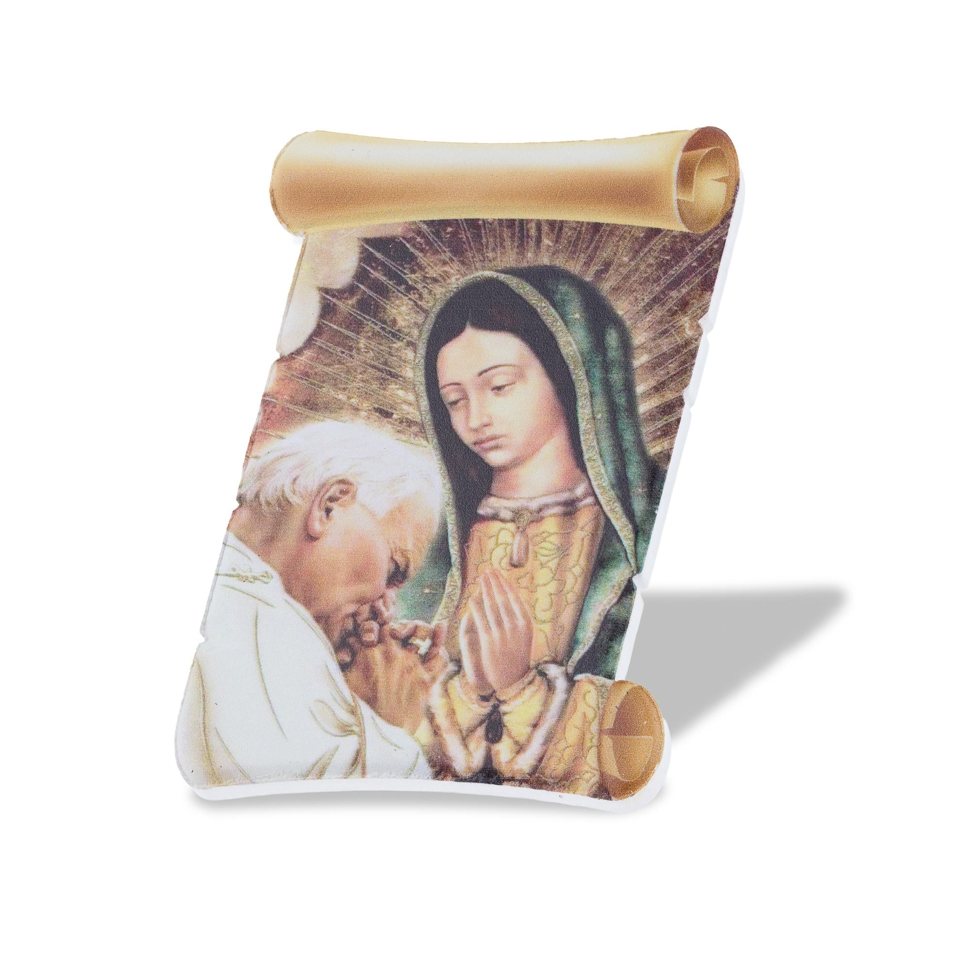 Iman de pergamino Virgen de Guadalupe y Juan Pablo II 8cm